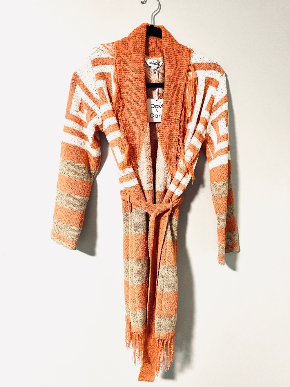 NWT DAVI & DANI Orange and Cream Striped Fringe Belted Cardigan